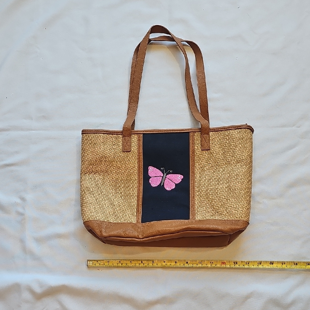 Tan and Black Tote Bag with Pink Butterfly